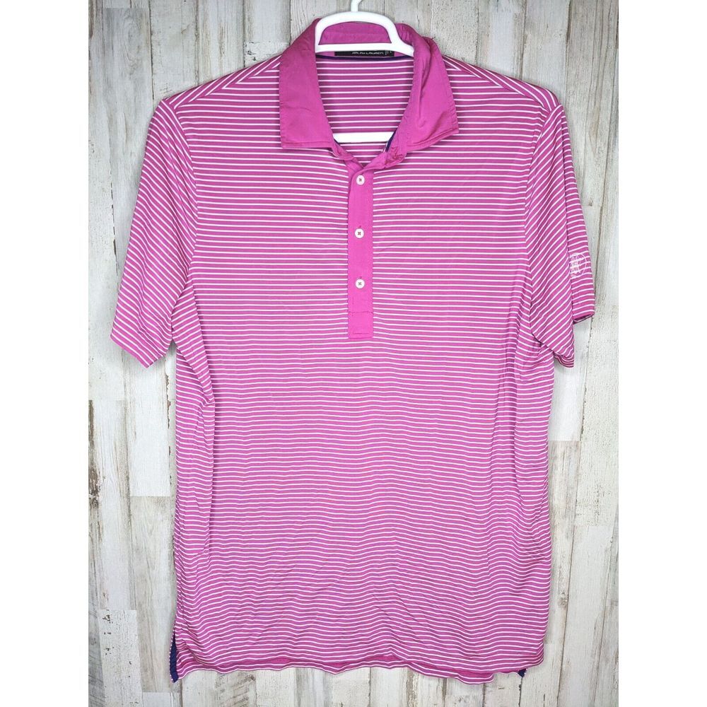 RLX Ralph Lauren Golf Polo Shirt Mens L Stripe Pink‎ Performance Short Sleeve